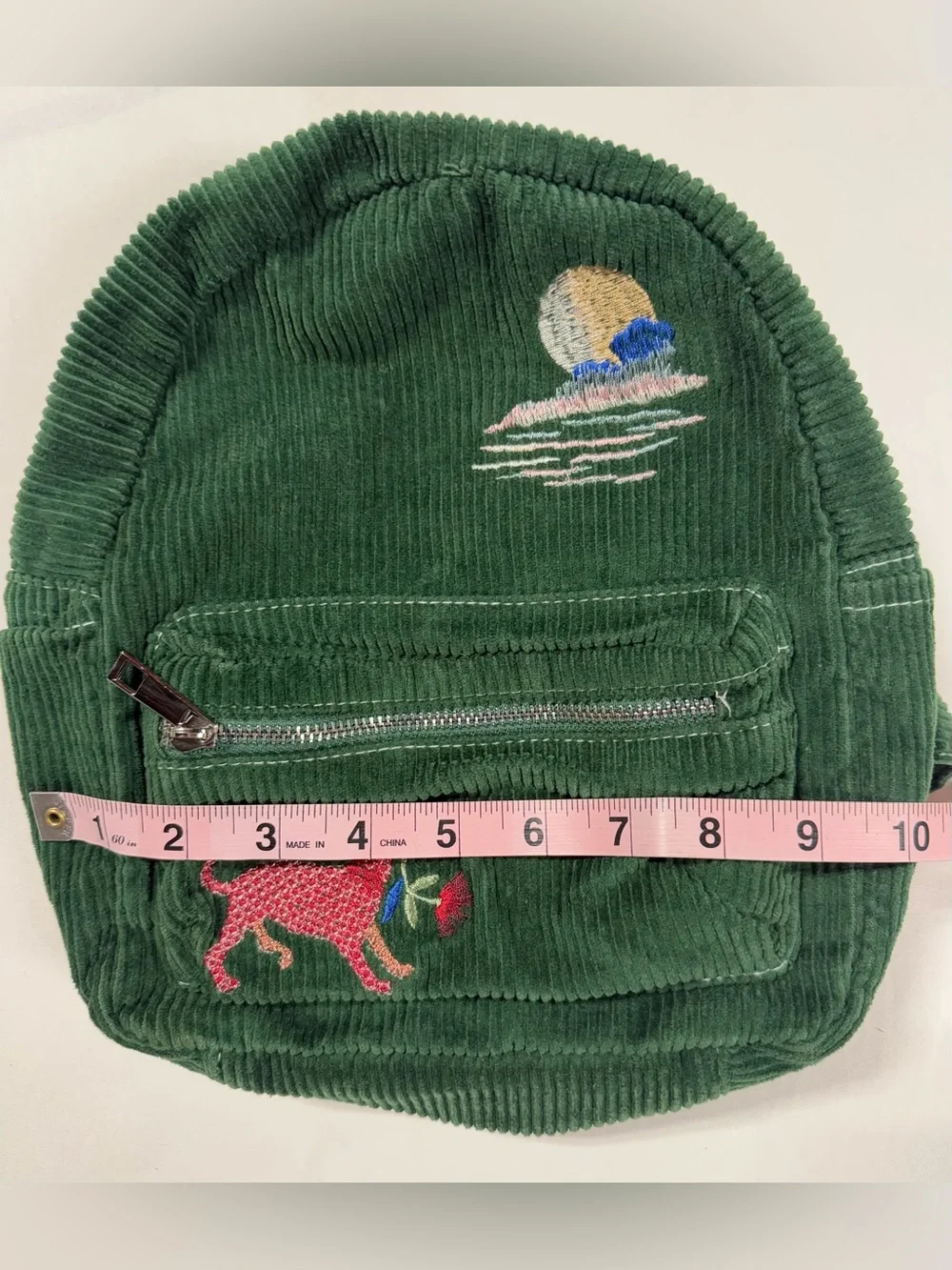 Urban Outfitters Corduroy Mini Backpack Embroidered Cat Celestial Green